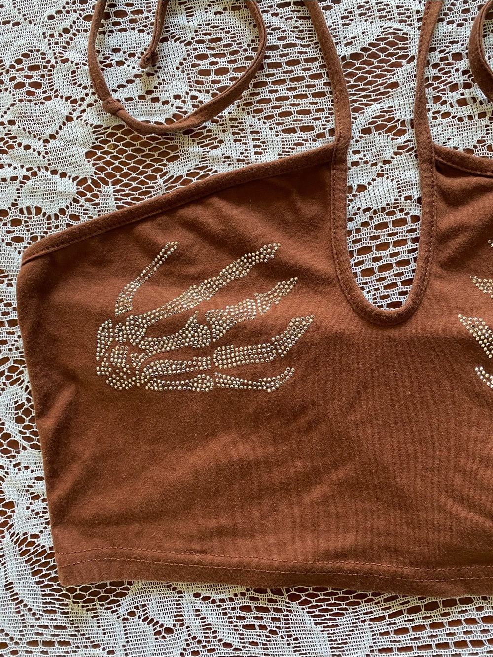 Brown Rhinestone Skeleton Hand Halter Crop Top - Picture 3 of 3